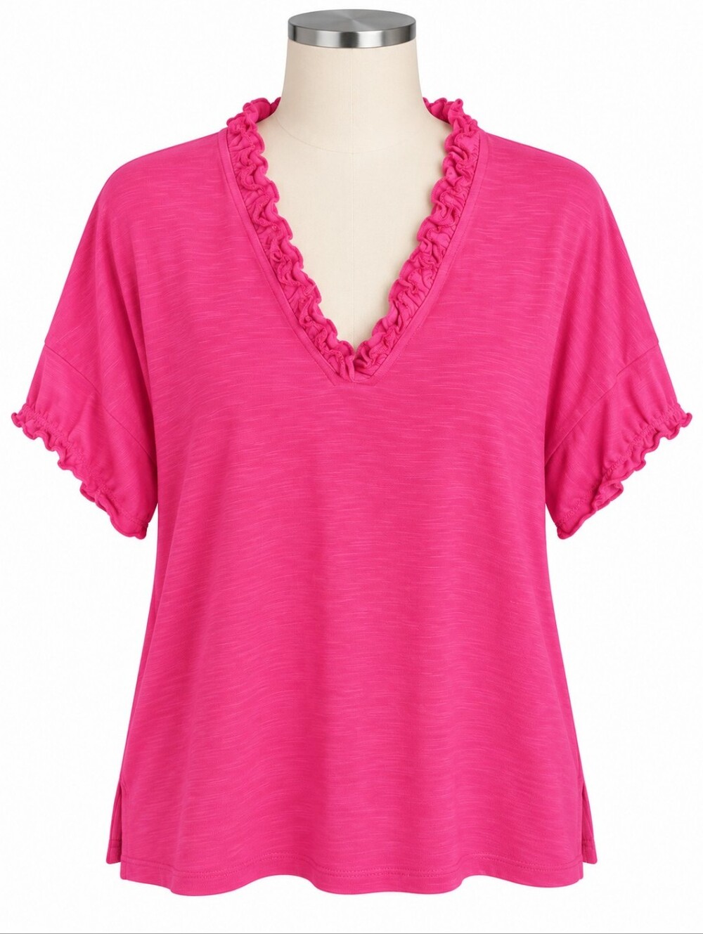 MERSEA Amelia Ruffle V-Neck Tee Shirt Coral Pink Orange Women's One Size OS Top